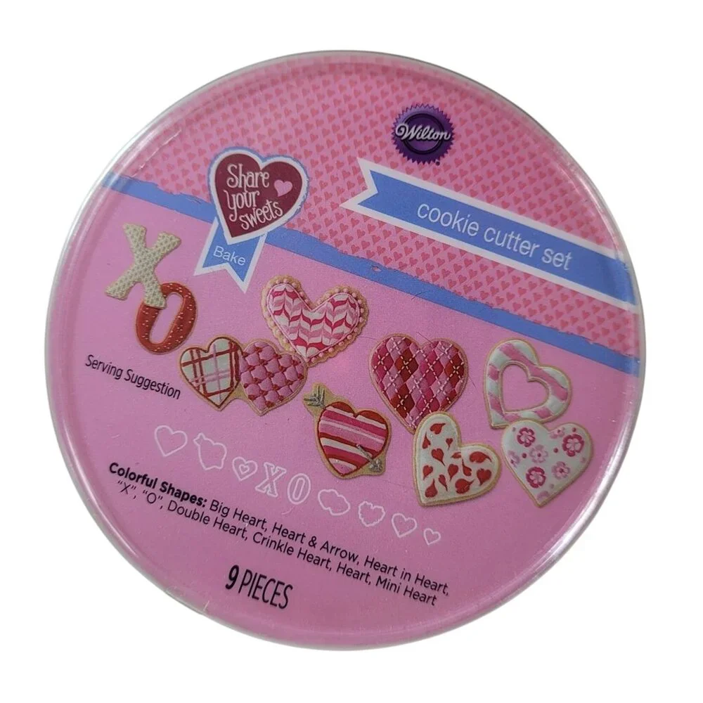 Wilton Cookie Cutter Set Metal 9 PCS Valentine's Hearts XO Purple Pink Red